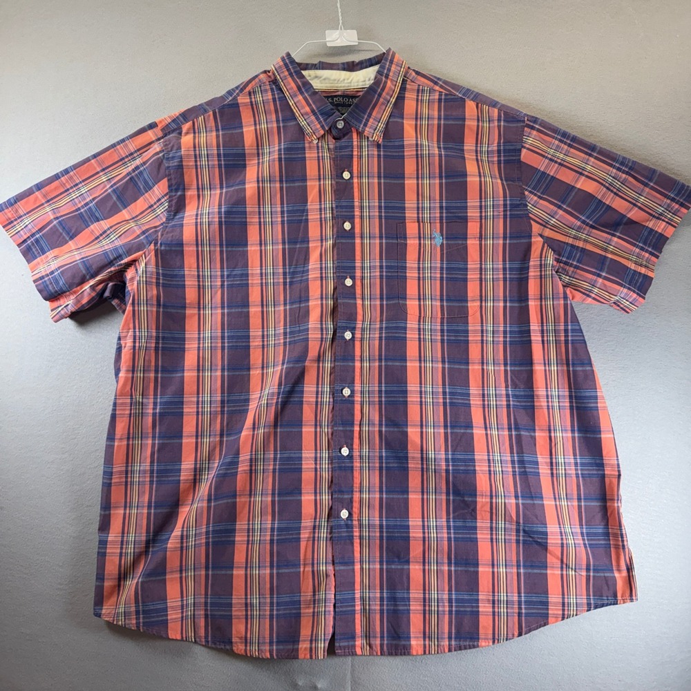 US Polo Assn Mens 3XL Short Sleeve Plaid Button Down Shirt Orange Navy Blue